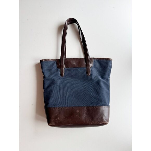 BANANA REPUBLIC Navy Cotton Canvas Brown Leather Trim Tote Bag Purse - Picture 1 of 12